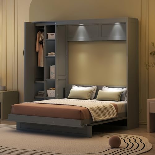 Harper & Bright Designs Queen Size Murphy Bed Wall Bed with Storage Shelves, Wardrobe and LED Lights
