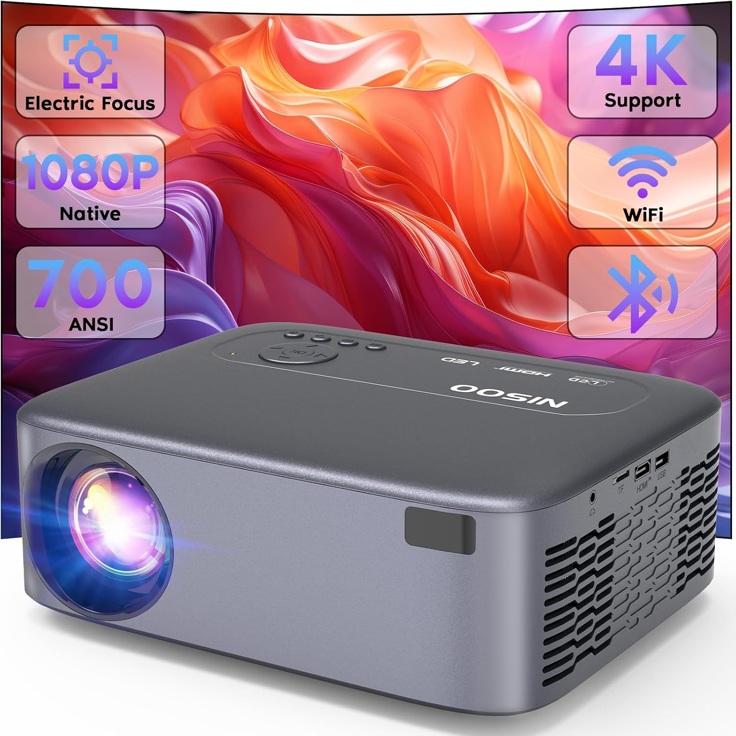 【Electric Focus】NISOO Native 1080P Projector, 4K Portable Projector with 700 ANSI, Projector with WiFi and Bluetooth, Zoom Function