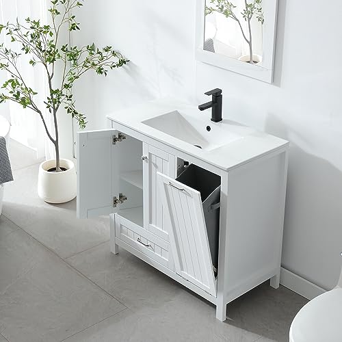 LUCKWIND 36" Bathroom Vanity with Sink Combo Set, Bathroom Cabinet with Laundry Hamper, includes 2 Doors, 1 Drawer and Soft Closing System