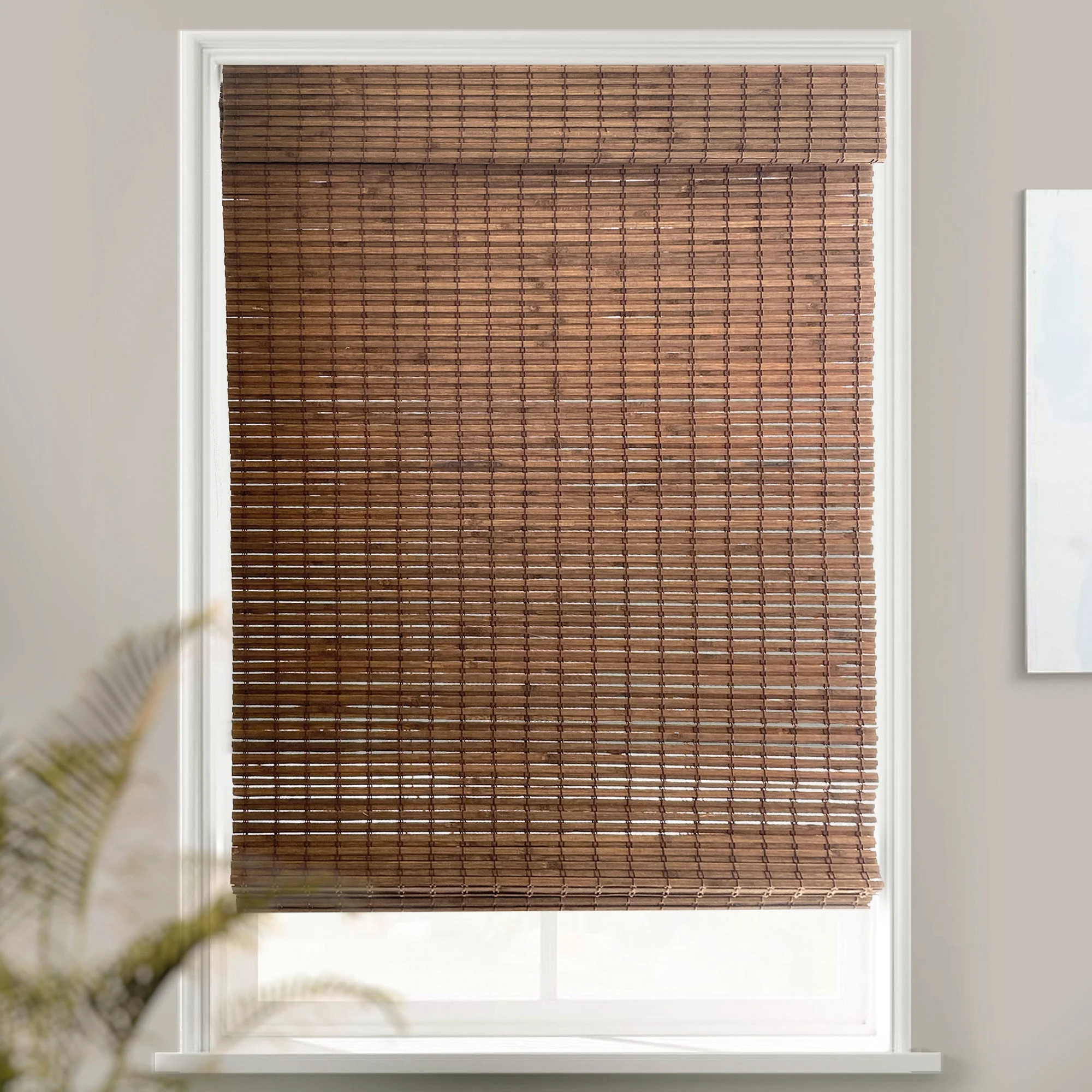 MOOD Custom Bamboo Shades | RUSTIC | Cordless Designer Natural Woven Wood Roman Shades for Windows | Rustic Walnut (Great Privacy) | 37"W X 60"H