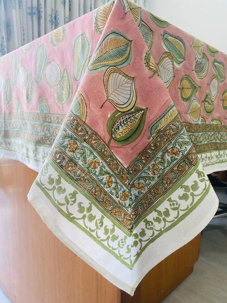 Salmon Pink Indian Hand Block Leaves Printed Cotton Tablecloth, Table Cover, Housewarming Home Wedding Events Party Picnic Restaurant Gifts