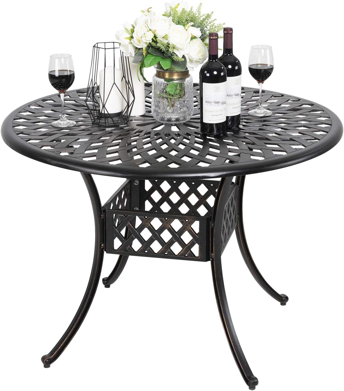 Nuu Garden Round Patio Table, Outdoor Cast Aluminum Patio Dining Table with Umbrella Hole All Weather Patio Bistro Table for Balcony, Garden, Patio