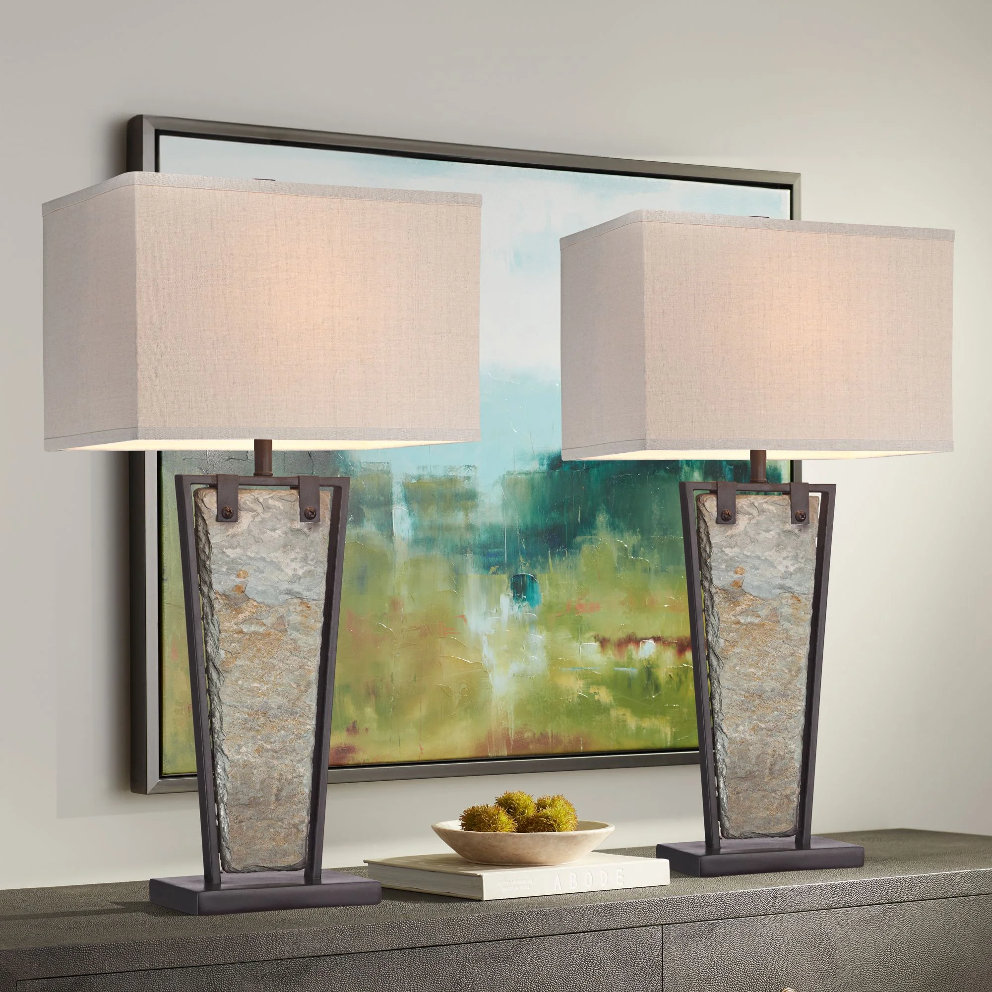 Franklin Iron Works Zion 30" Tall Large Farmhouse Rustic End Table Lamps Set of 2 Bronze Finish Natural Slate (Colors May Vary)