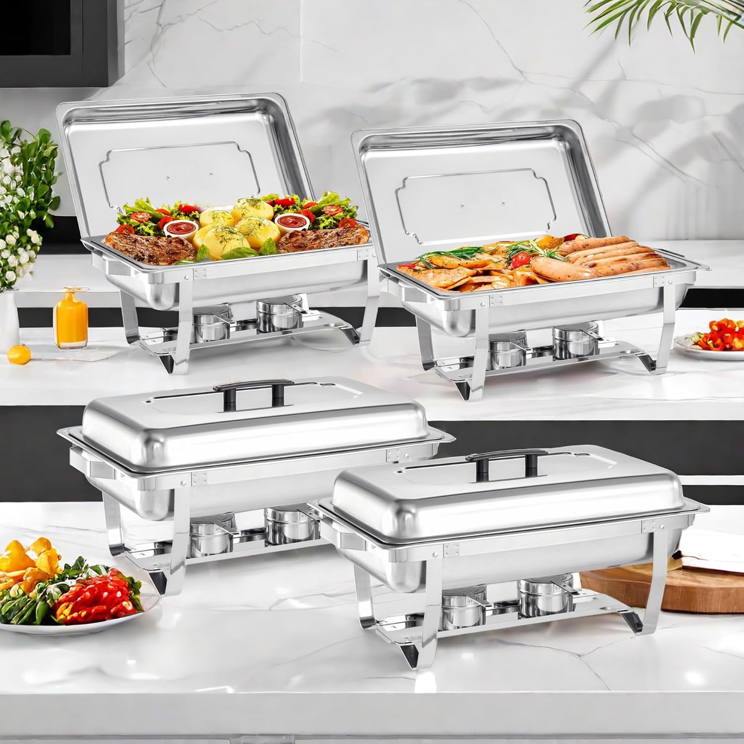 Chafing Dish Buffet Set - 4 Pack, 8 Quart Stainless Steel Chafer Buffet Servers and Warmers Set with Folding Frame for Weddings, Parties, Banquets