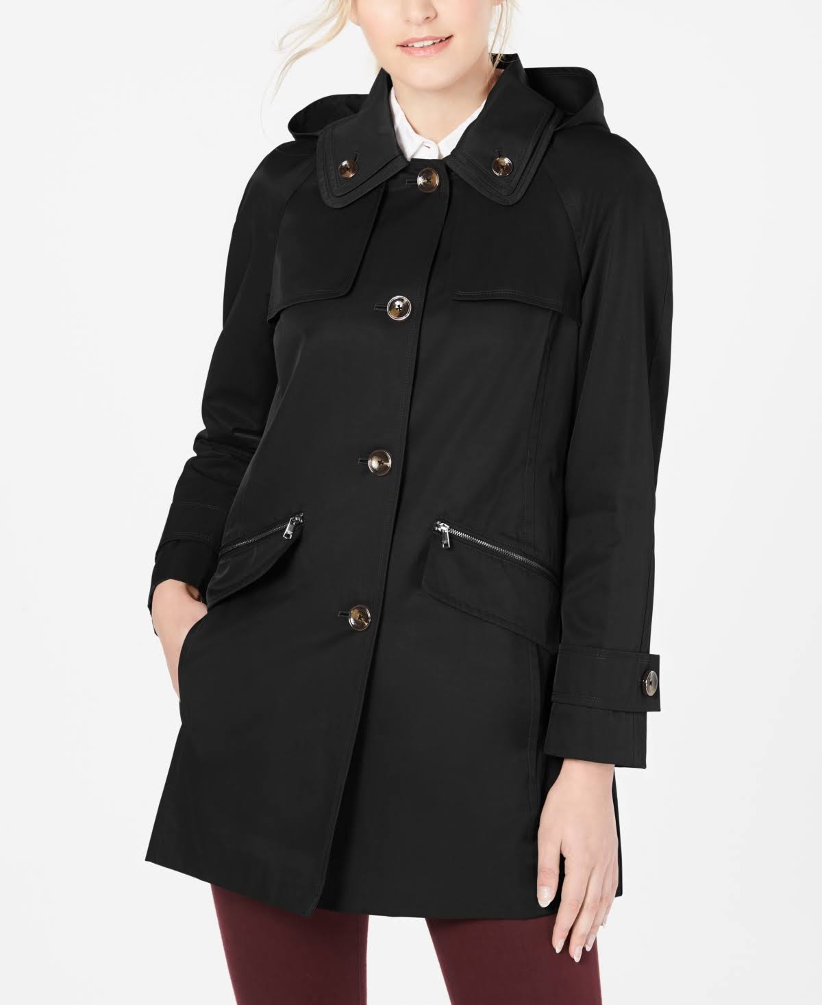 London Fog Petite Double Collar Hooded Raincoat - Black - Avayadevconnect