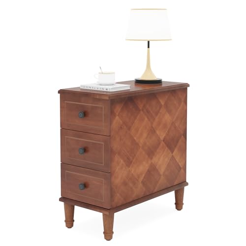 Fully Assembled End Table, Narrow Side Table with 3 Drawers, Pre-Assembled Nightstand Slim Bedside Table for Small Spaces, Living Room, Bedroom, Brown