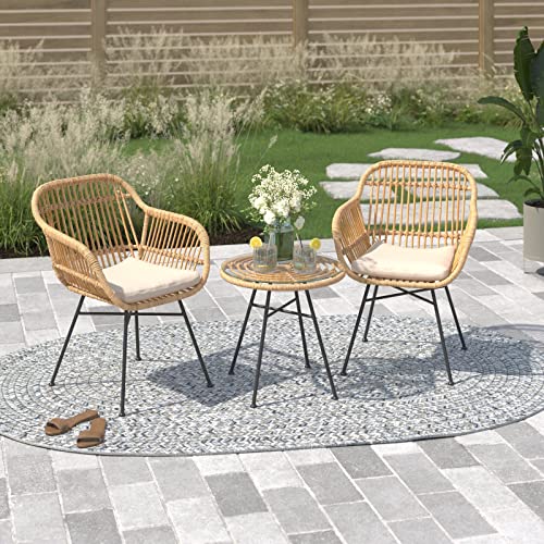 Barton 3pcs Outdoor Bistro Chat Set Patio Conversation Wicker Chairs Glass Table with Seat Cushions, Beige