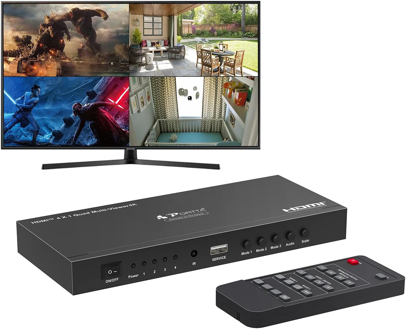 HDMI Multiviewer Switch 4x1,PORTTA HDMI Quad Multi-Viewer Seamless Switcher 4 in 1 Out with Loop, Audio Extractor to Stereo,4K