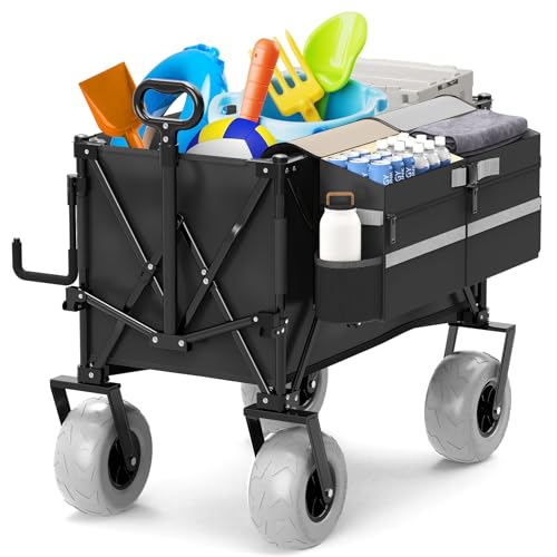 Beach Wagon with Big Wheels for Sand,Heavy Duty Collapsible Wagon with All-Terrain 9" Pneumatic Tires and Detachable Cooler