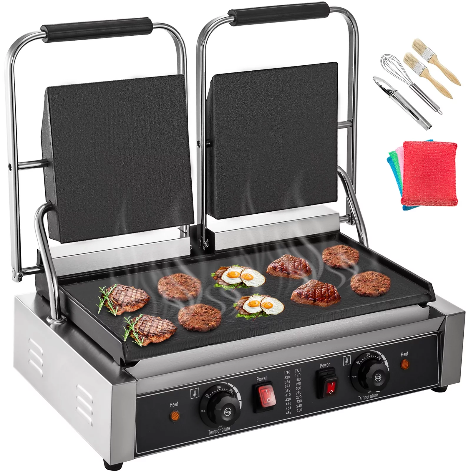 BENTISM 110V Commercial Sandwich Press Grill 3600W Electric Panini Maker Non-Stick 122°F-572°F Temp Control Double Flat Plates for Hamburgers Steaks