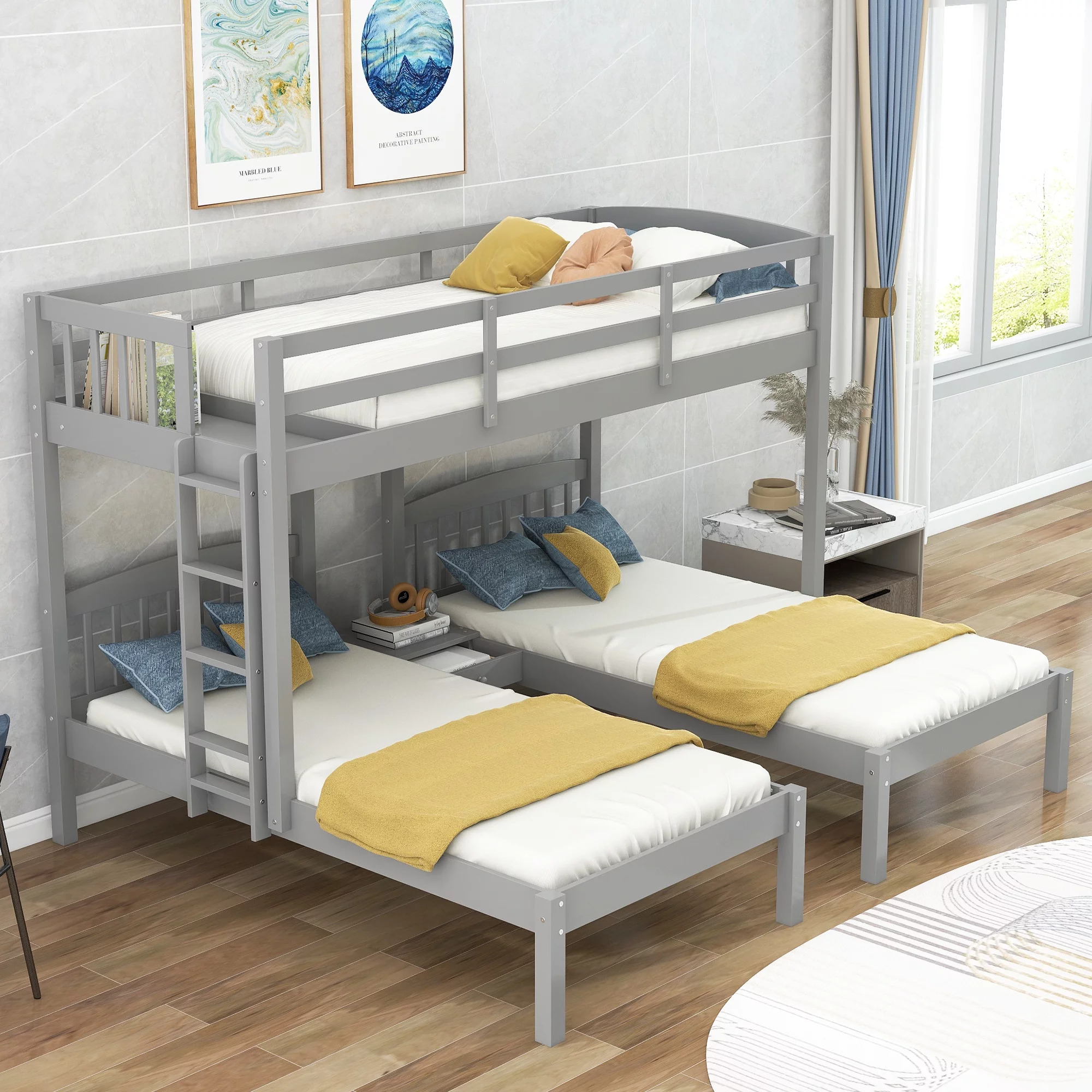 Churanty Triple Bunk Beds 3 Twin Solid Wood Bunk Beds with Guardrail and Ladder