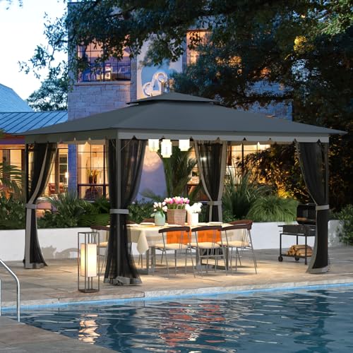 [Upgraded] 10x12 Gazebo with Mosquito Netting,Sturdy Metal Outdoor Patio Gazebo[Heavy Duty Frame],Canopy Tent with Dual Air Roof,Patio Canopy Tent