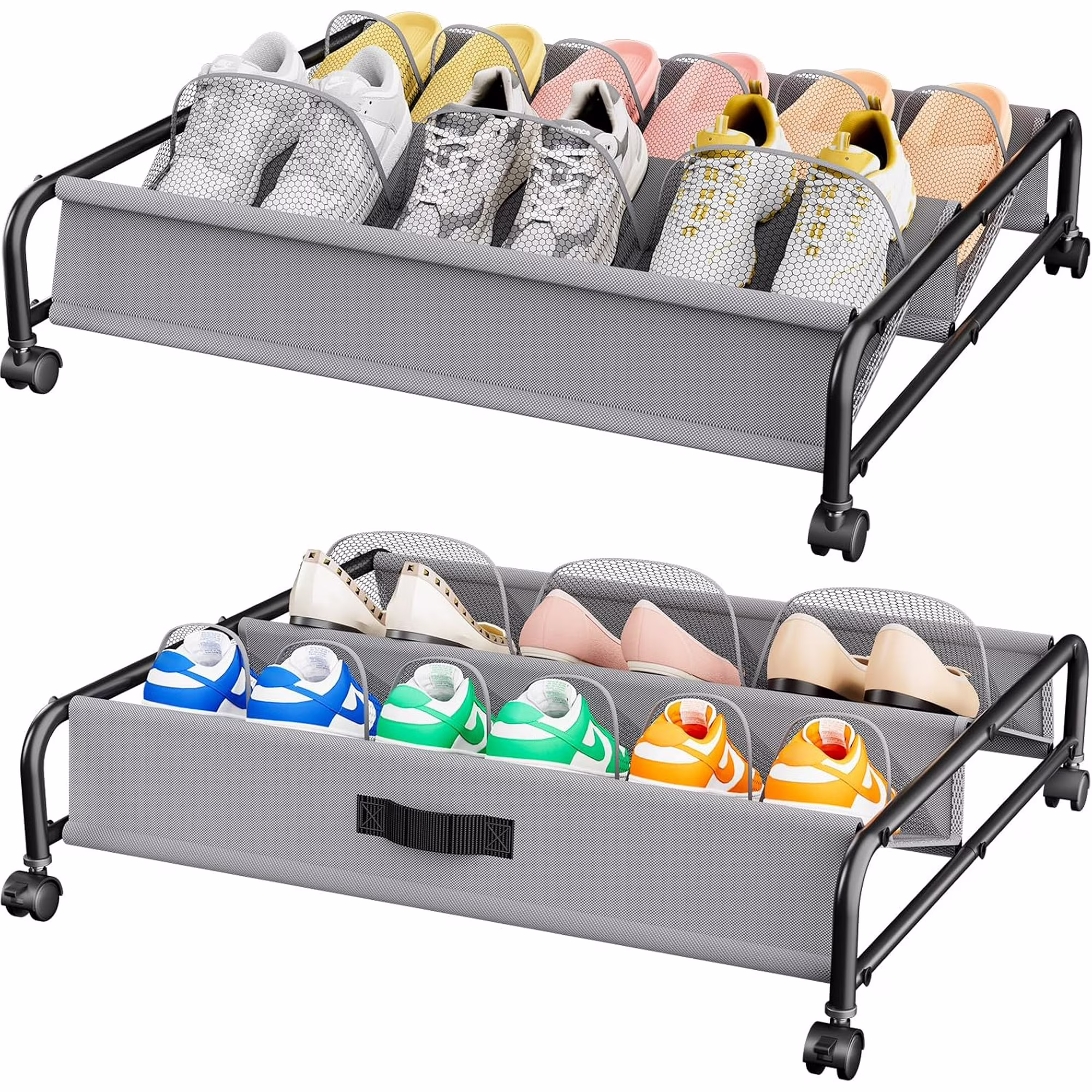 Under Bed Shoe Storage with Wheels, 2 Pack Rolling Under Bed Storage Containers for Shoes with Breathable Mesh Pockets