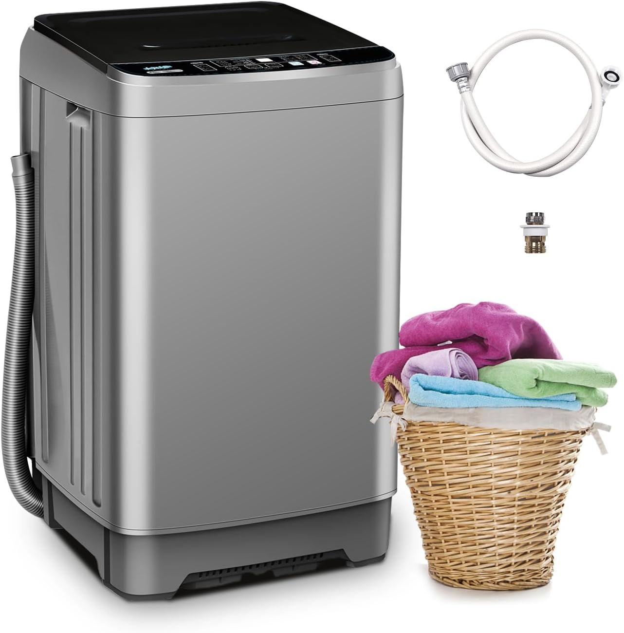 Full-Automatic Washing Machine 19.5lbs Portable Washer with 10 Programs & 8 Water Levels, Compact Washing Machine with Led Display & Drain Pump