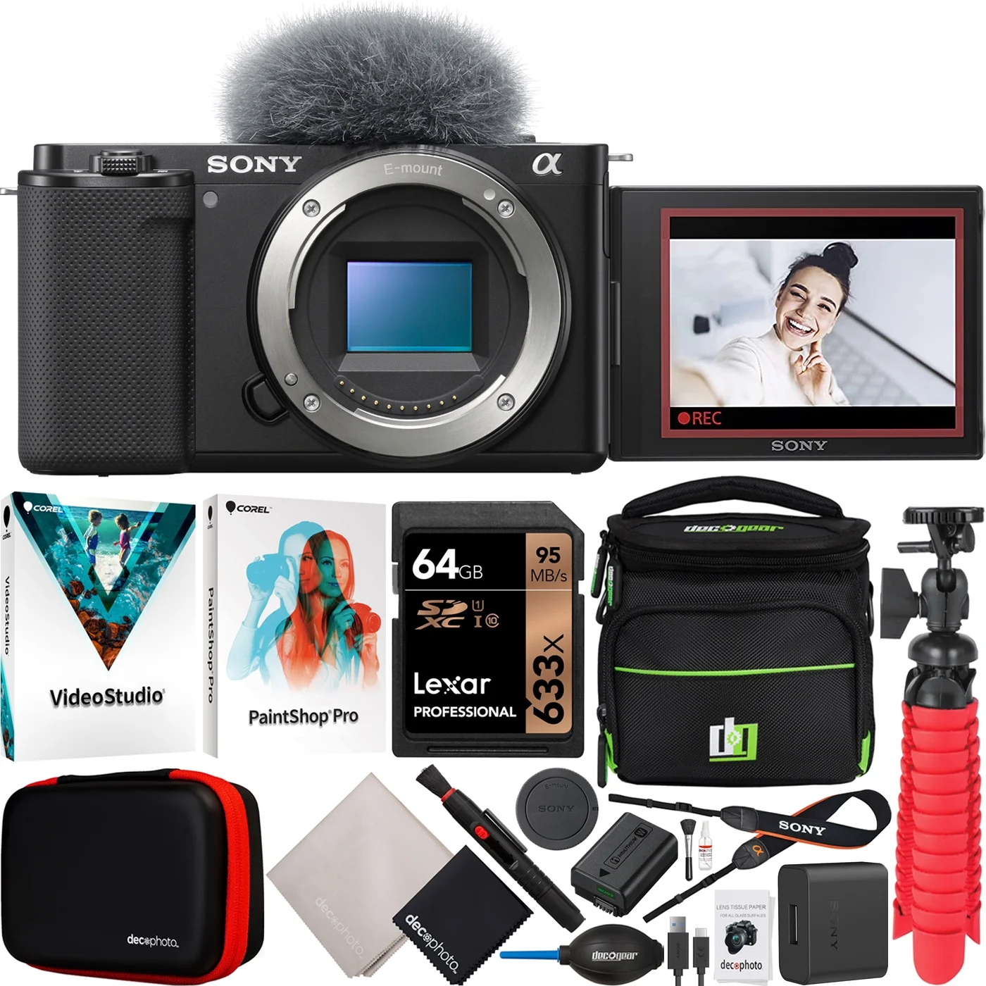Sony ZV-E10 Mirrorless Alpha APS-C Interchangeable Lens Vlog Camera Body ILCZV-E10/B Black Bundle with Deco Gear Photography Case + Photo Video