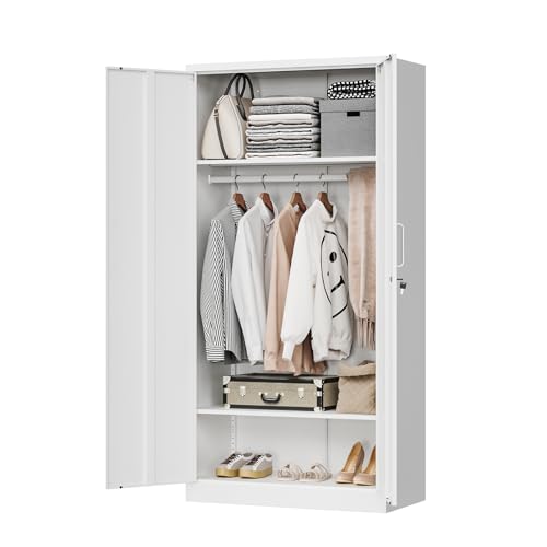 MIIIKO Steel Cabinet Wardrobe, Metal Locker Cabinet with Hanging Rod, Metal Clothing Locker Storage for Home, Office, Garage and Changing Room