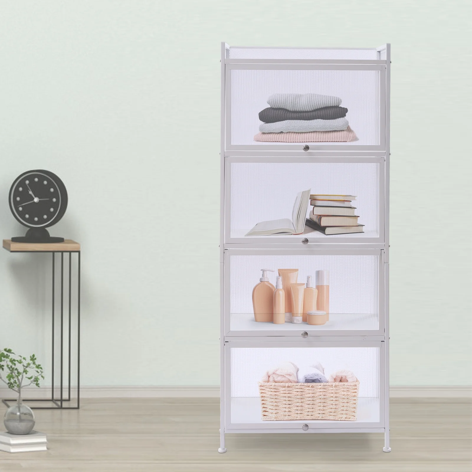 Loyalheartdy 5-Tier White Storage Cabinet w/4 Flip Doors Utility Kitchen Buffet Pantry Sideboard Rack Book Clothes Organizer Stand