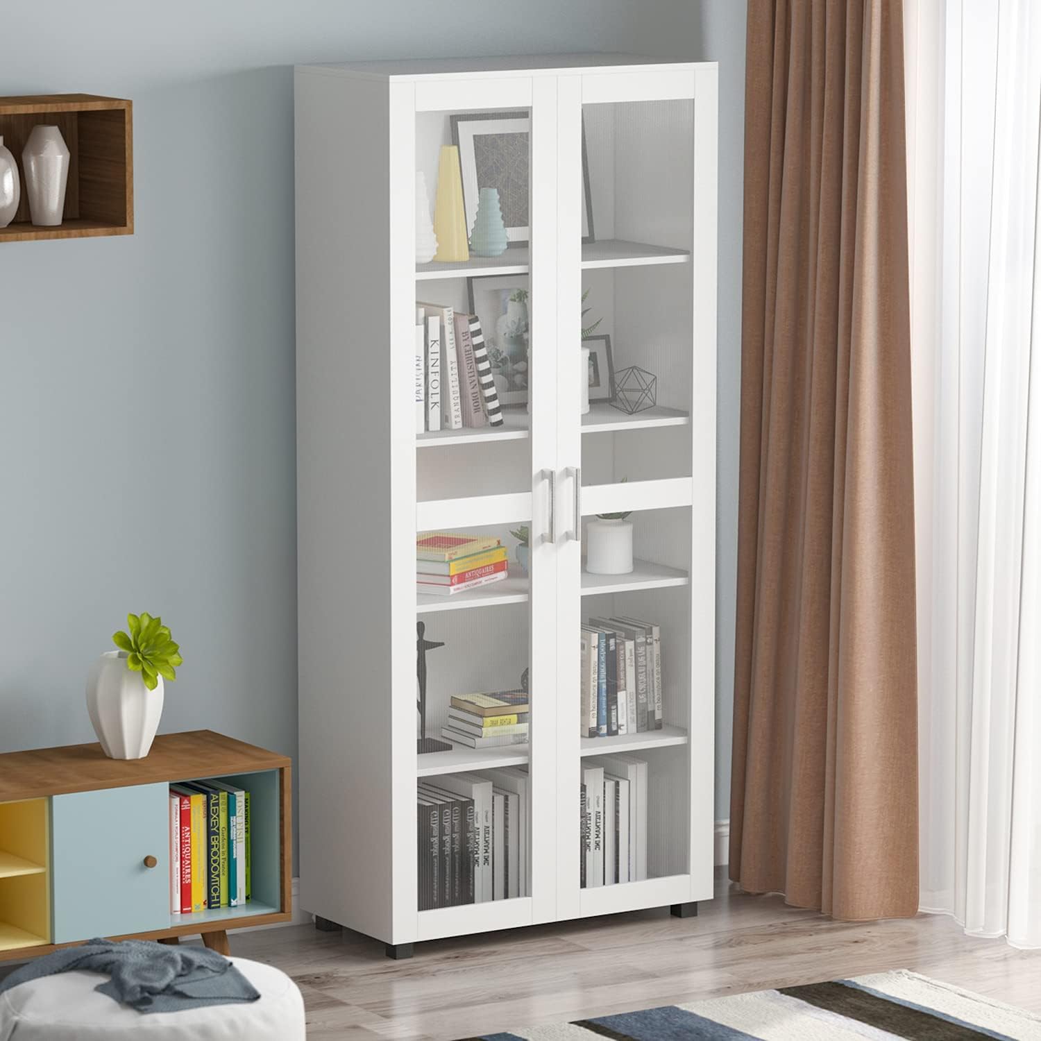 Homsee Bookcase Storage Cabinet with 2 Plastic Glass Doors, 5-Tier Bookshelves Wooden Organizer for Living Room, White (31.5”L x 15.4”W x 72.3”H)