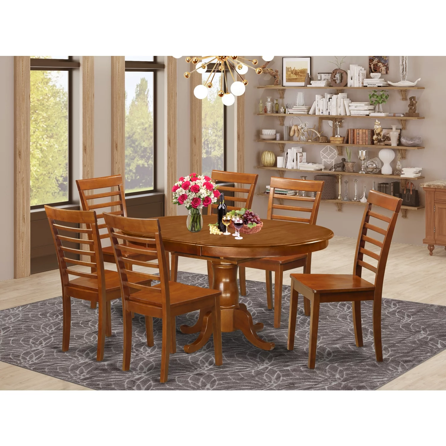 East West Furniture  7 Piece Kitchen Table & Chairs Set- an Oval Dining Table and 6 Solid Chairs, Saddle Brown(Seat Type Options) POML7-SBR-W