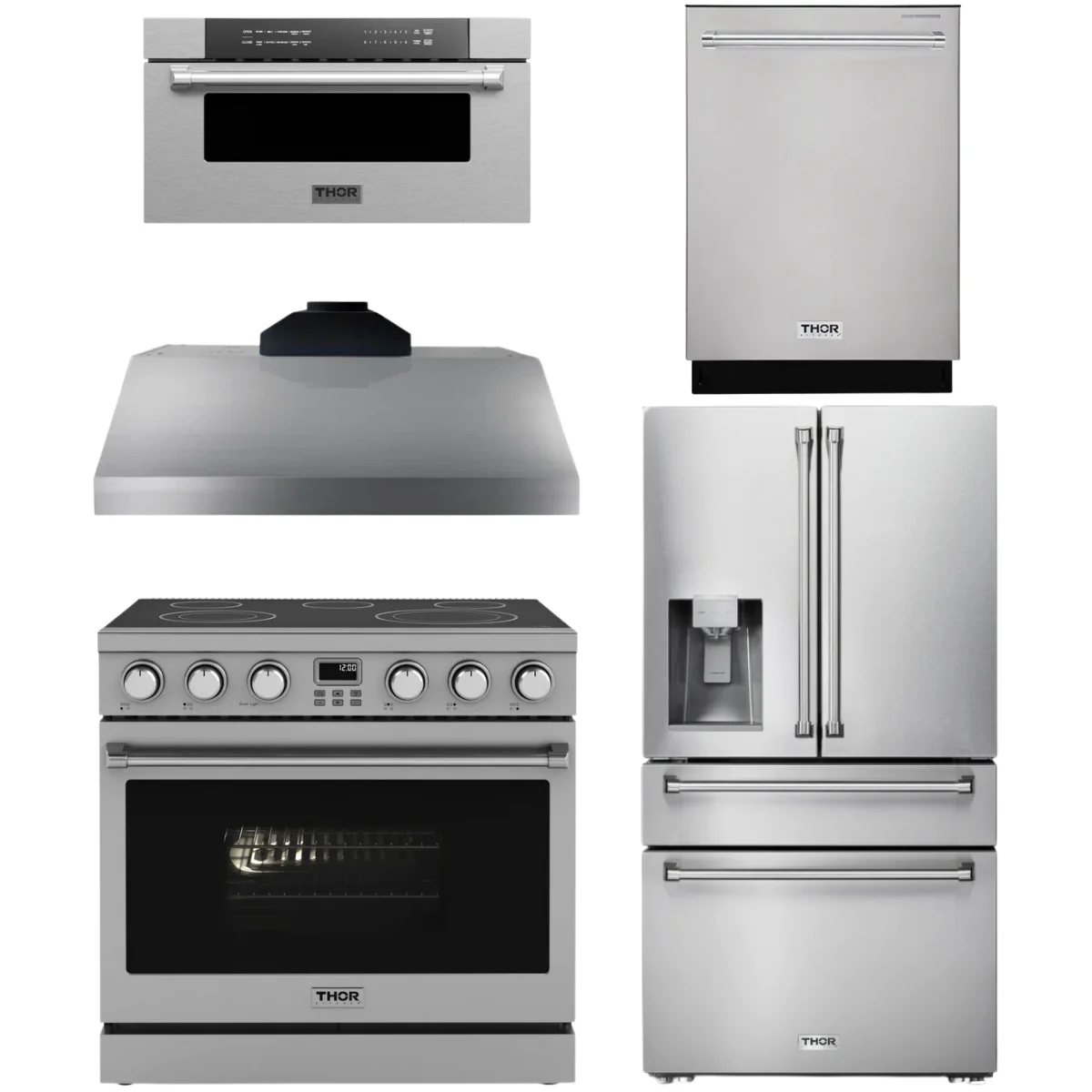Thor Contemporary Package - 36 Electric Range, Range Hood, Refrigerator, Dishwasher and Microwave, Thor-AP-ARE36-C98