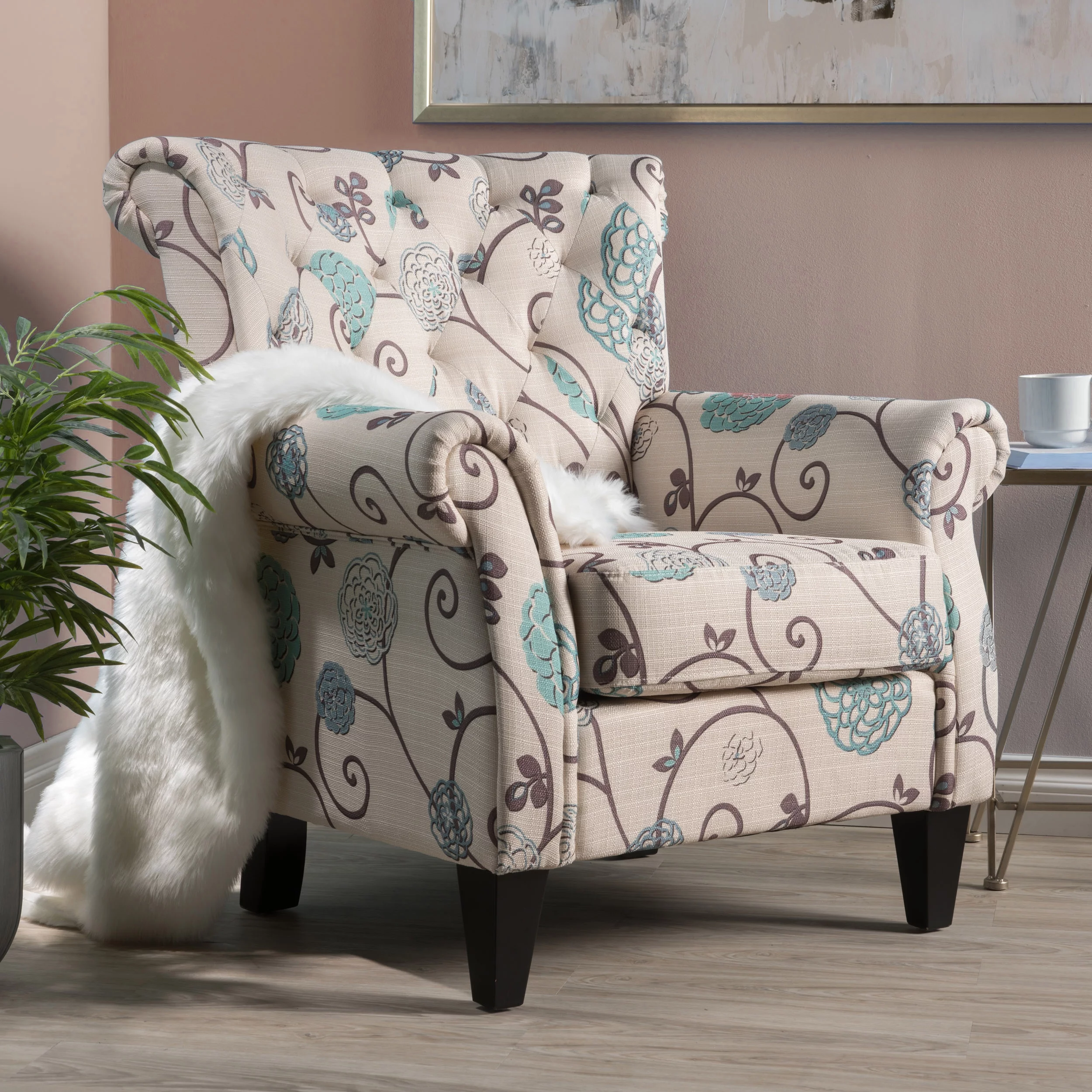 Noble House Merwin White and Blue Floral Fabric Tufted Chair