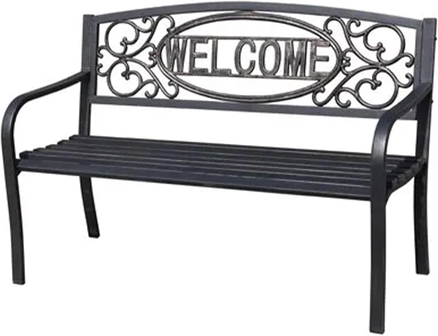 Welcome Outdoor Park Bench Powder Coated Steel Frame Furniture Seat for Backyard Garden, Front Porch, or Walking Path, Black