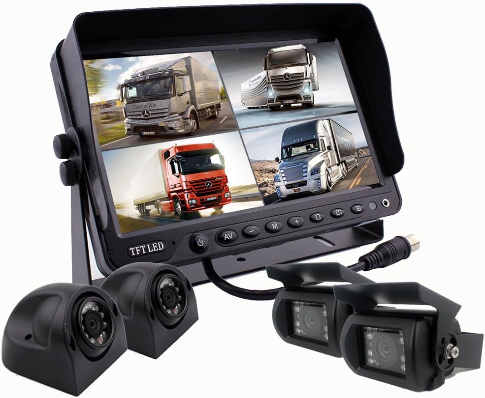 Camnex Backup Rear View Car Truck Camera & Monitor Safety System, 9 inch Digital Quad Splip Screen Monitor, Side View Camera
