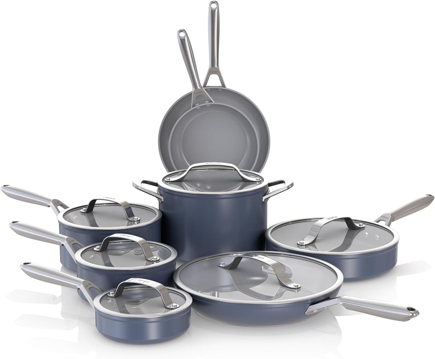 Ninja NeverStick Ceramic Pro 14-Piece Cookware Set, Non-Stick Pots & Pans Set with Glass Lids, Ceramic Coated, Stainless Steel, Stove to Oven Safe