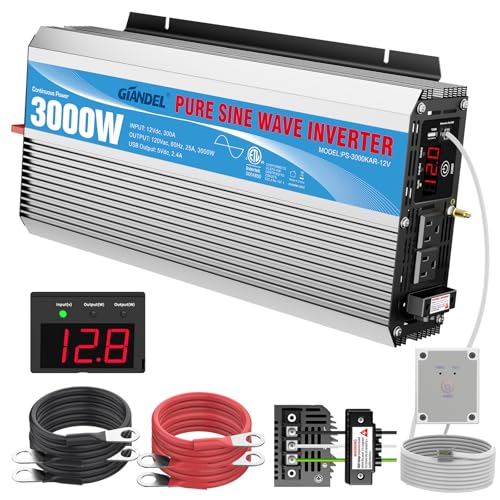 GIANDEL 2200W Pure Sine Wave Power Inverter 12V DC to 110V 120V AC with 20A Solar Charge Control and Remote Control&LED Display and Dual AC Outlets