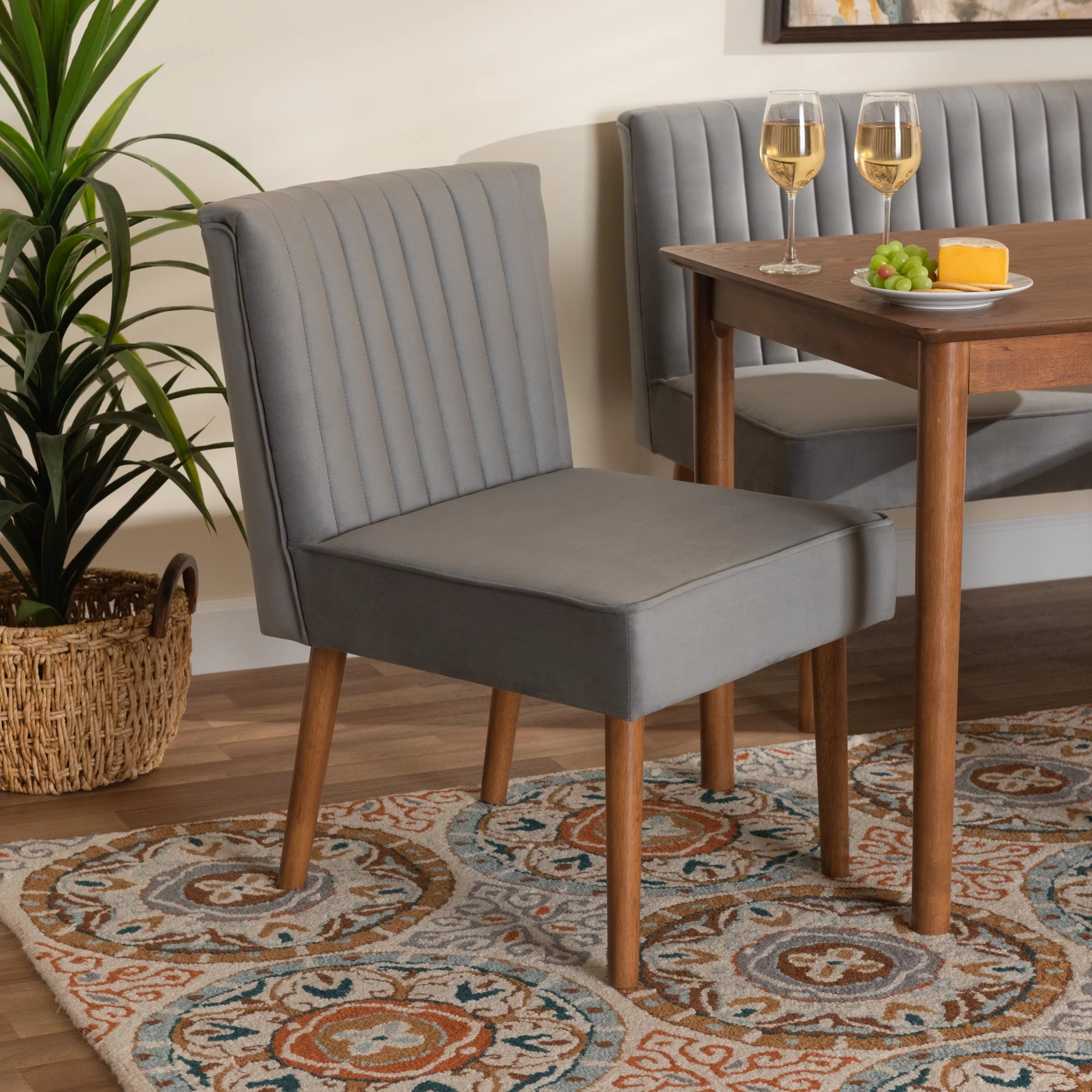 Baxton Studio Alvis Mid-Century Modern Grey Velvet Upholstered and Walnut Brown Finished Wood Dining Chair