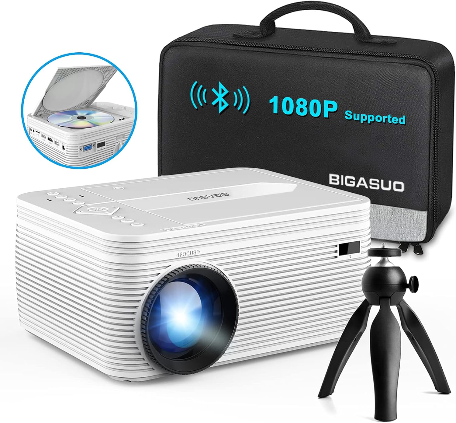 BIGASUO HD 9000L Bluetooth Projector Built in DVD Player, Mini Projector 1080P and 250”Supported with Tripod/ Carry Bag