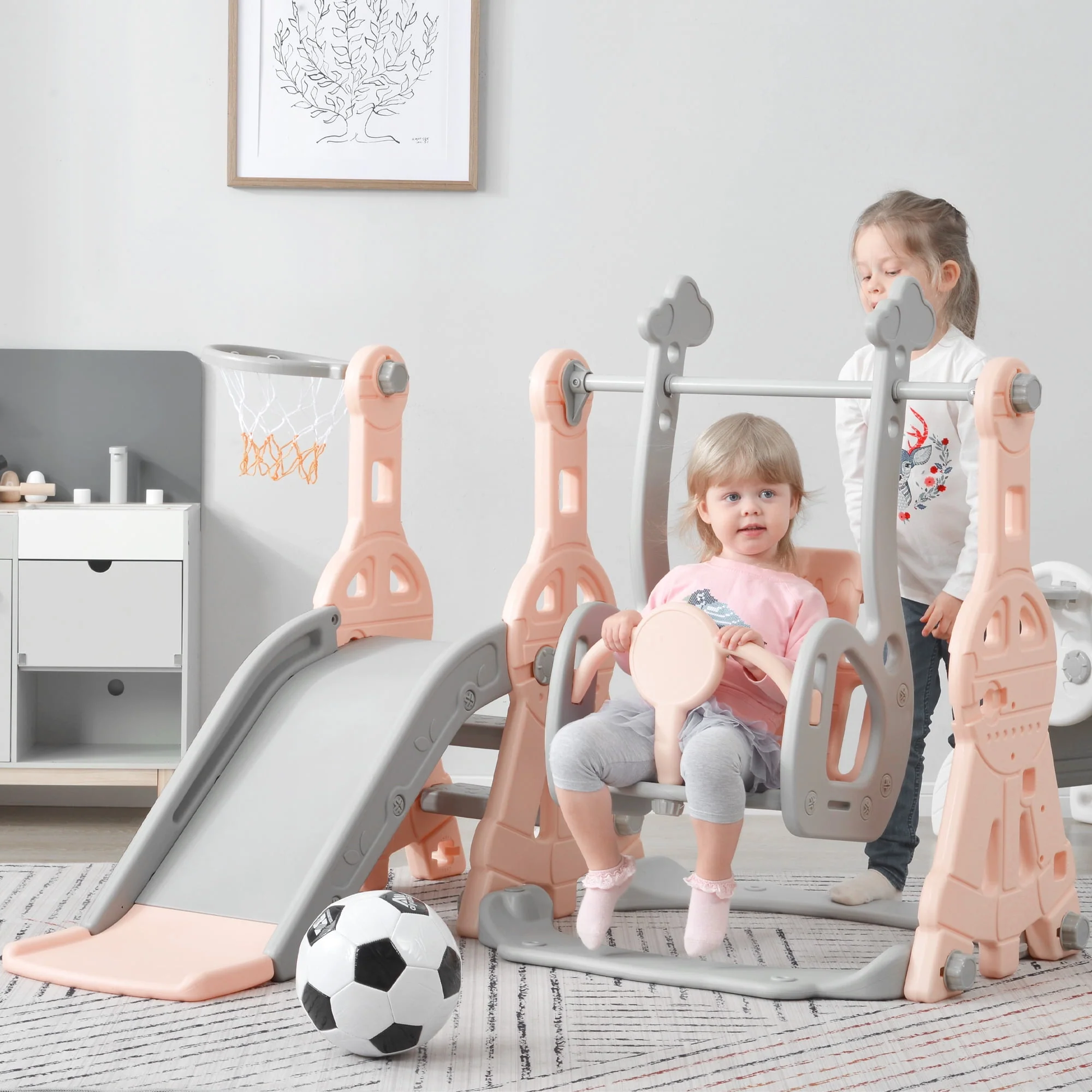 Toddler Slide and Swing Set 3 in 1, Kids Playground Climber Swing Playset with Basketball Hoops Freestanding Combination Indoor & Outdoor