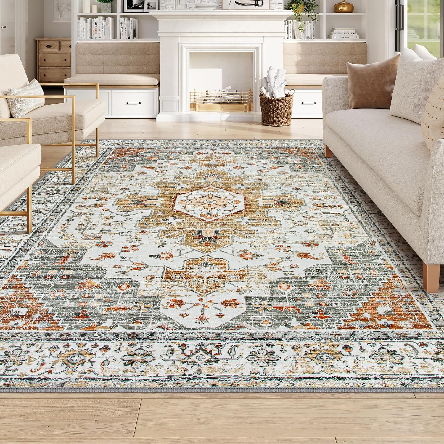 Moynesa Ultra-Thin Vintage Area Rug 6x9, Large Living Room Rugs for Bedroom Aesthetic, Washable Carpet for Under Dining Room Table