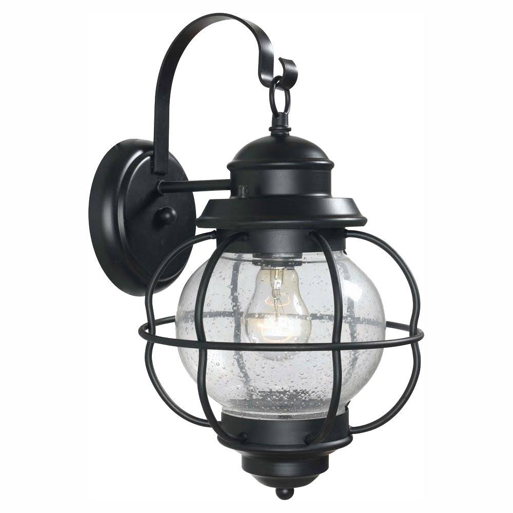 Home Decorators Collection Greer 1-Light Black Exterior Outdoor Wall Lantern Sconce with Caged Seeded Glass HDP13670