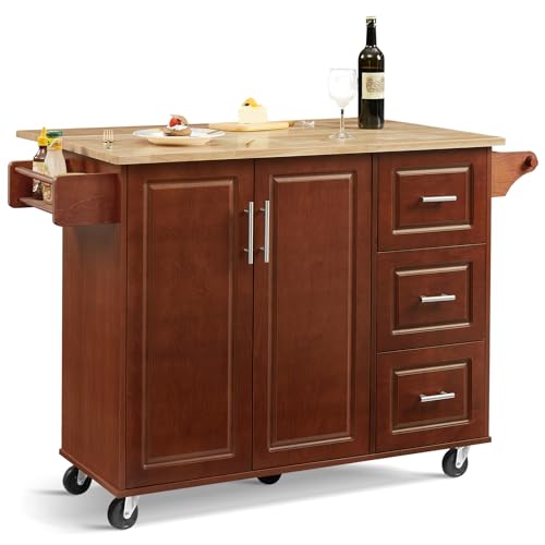 54" Large Kitchen Island Cart with Drop Leaf, Kitchen Island with Storage, Rolling Kitchen Island with Inside Cabinet, 3 Drawers, Spice Rack