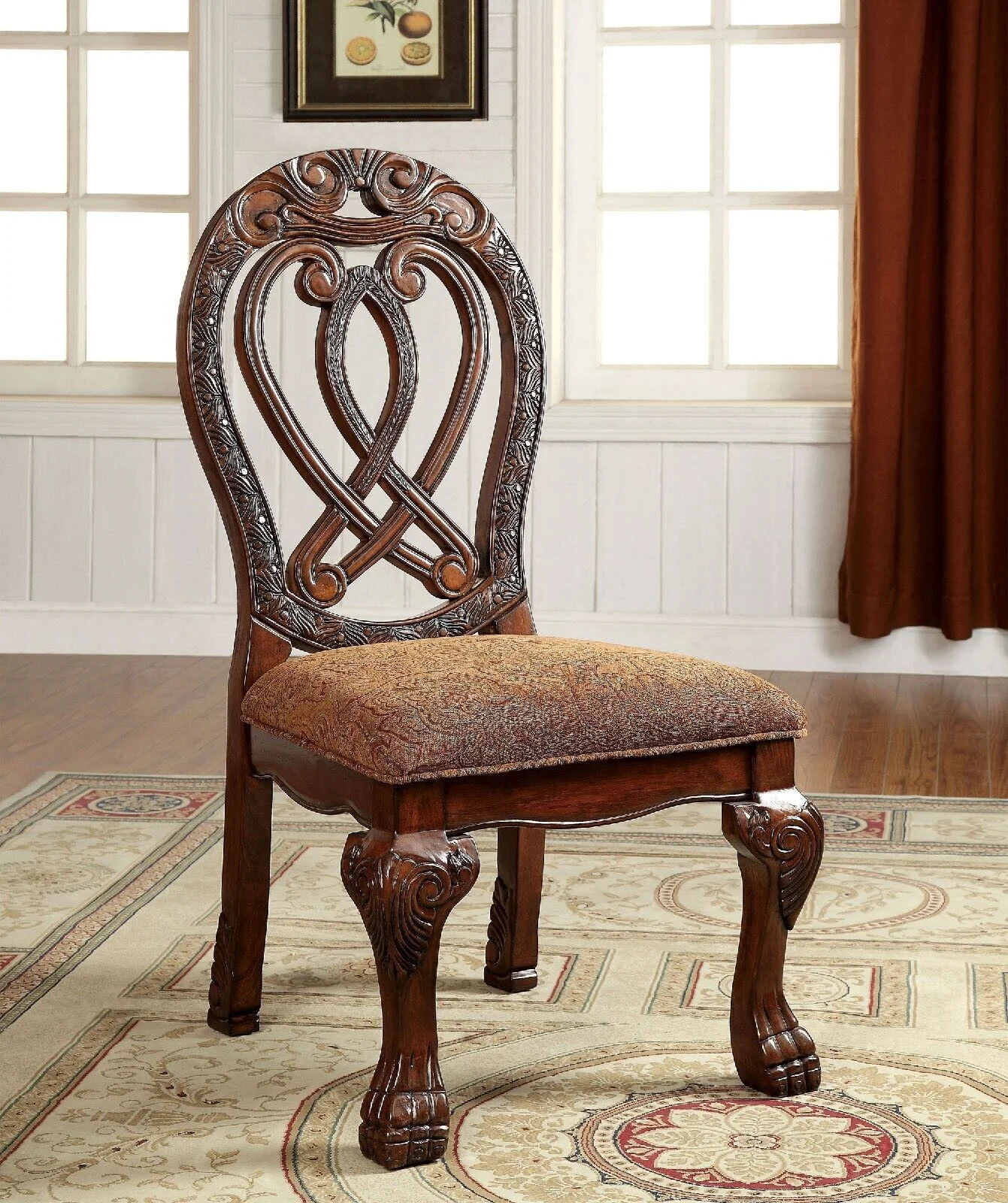 Set of 6 Side Chairs Traditional Formal Style Cherry Solid wood Kitchen Dining Room Furniture Chairs Claw Feet Carved Details