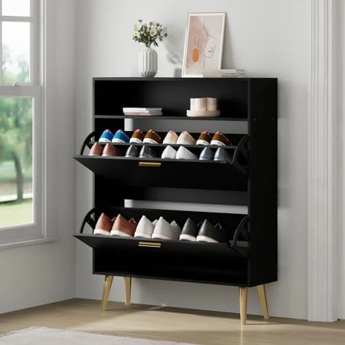 RUNFAYBIU Shoe Cabinet for Entryway Slim  Narrow Shoe Cabinet with 2 Flip Drawers  Black Shoe  Cabinet  Shoe Rack Cabinet for Entryway  Hallway
