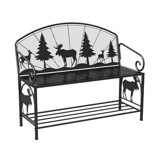 Outdoor Bench, Garden Bench with Backrest and Armrests, Patio Bench with Forest Series Pattern, Anti- Rust Thickened Metal Bench Outdoor for Garden
