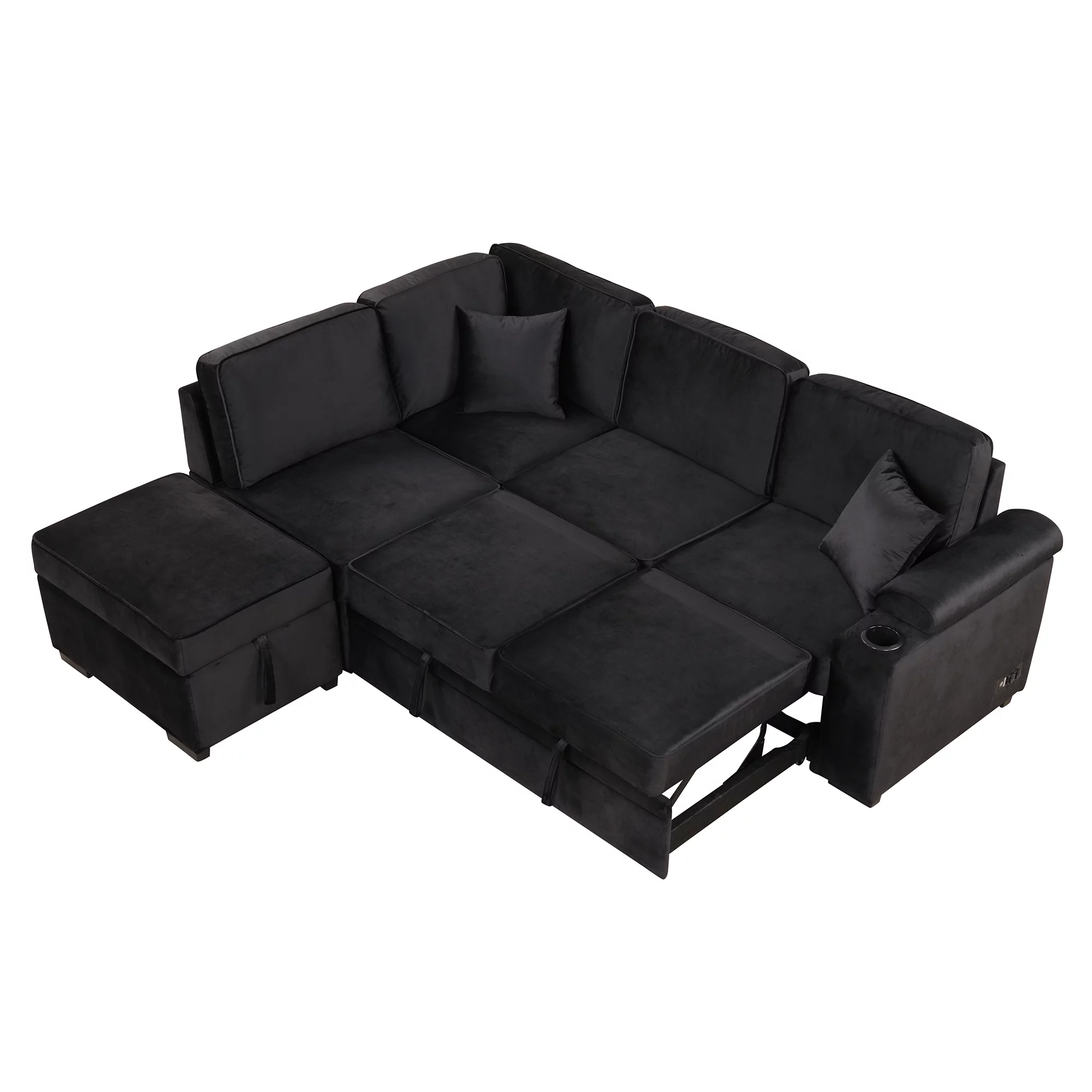 Soges Sleeper Sofa Bed 5 Seat, L Shape Sofa with Pull Out Bed Velvet Couch with USB Ports and Storage Ottoman for Living Room Bedroom, Black