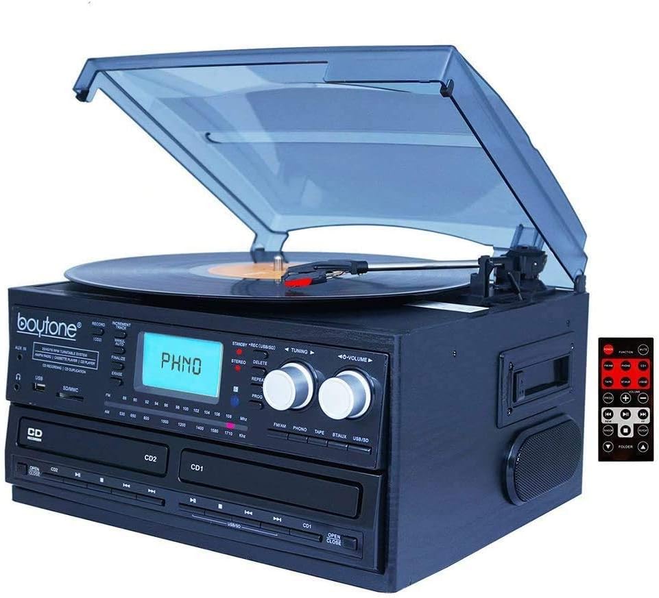 Boytone BT-29B, Bluetooth Dual CD Player, Recorder CD2 to CD1, AM/FM Radio Turntable Record Player 2 Built-in Stereo Speakers, Cassette Player