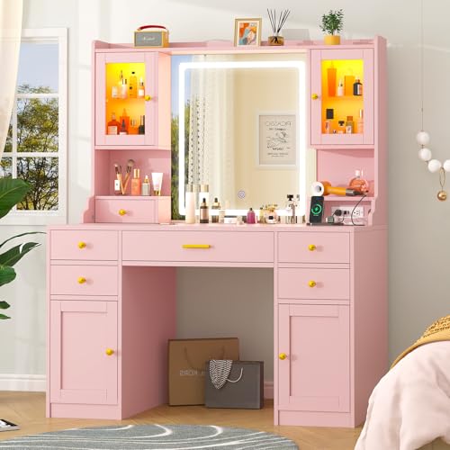 White Makeup Vanity Desk with Mirror and Lights, Large Vanity Table Set with Charging Station, Dressing Table with RGB Cabinets