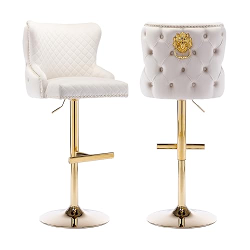 Velvet Barstools Set of 2, Counter Height Adjustable Swivel Barchairs with Golden Lion Head Ring