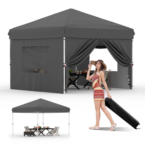10'x10' Pop Up Canopy Tent with 4Pcs Sidewalls, Portable Instant Commercial Canopy with 4 Stakes, 4 Ropes, 4 Sandbags for Farmers'