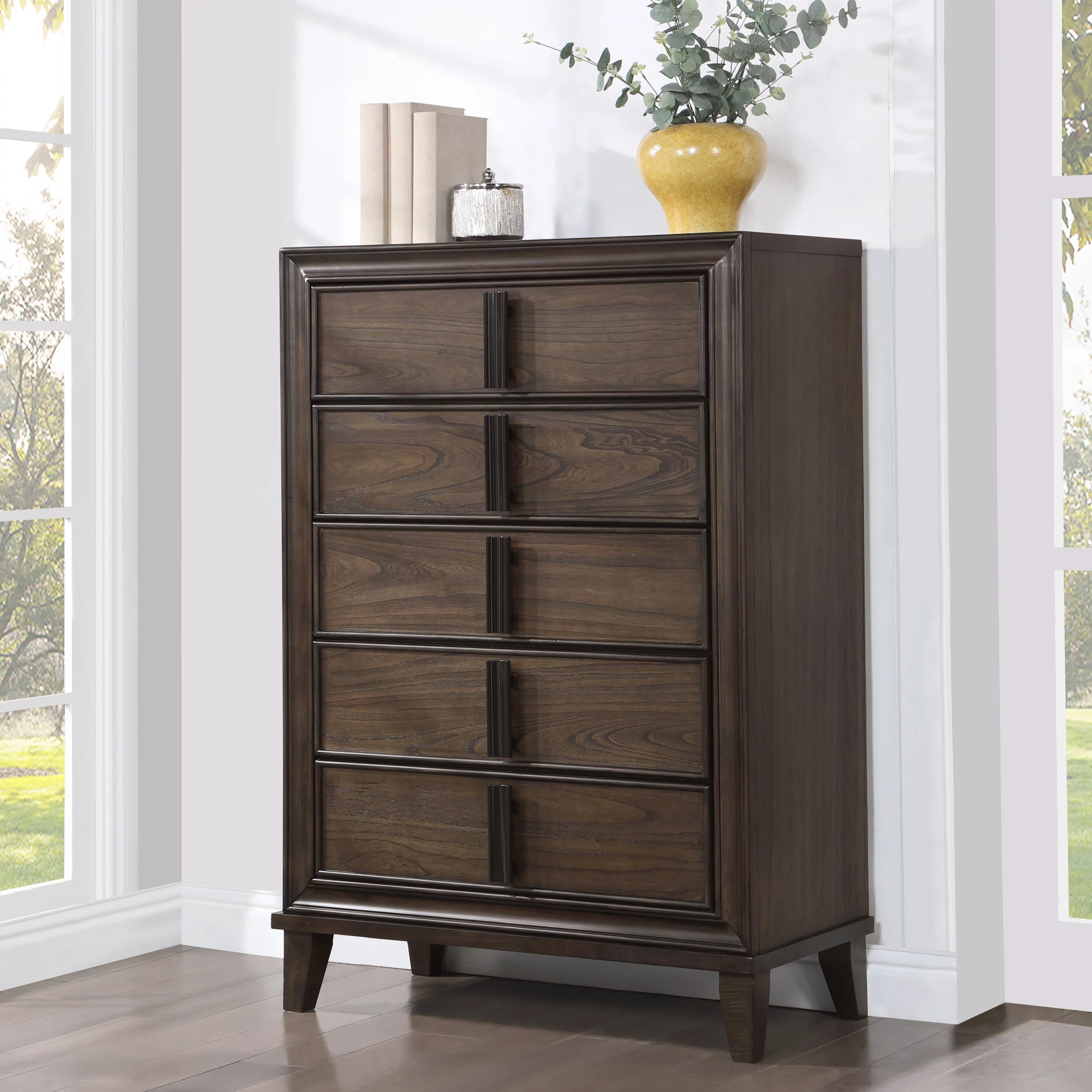 Roundhill Furniture Aetheria Contemporary Wood 5-Drawer Chest in Dark Brown
