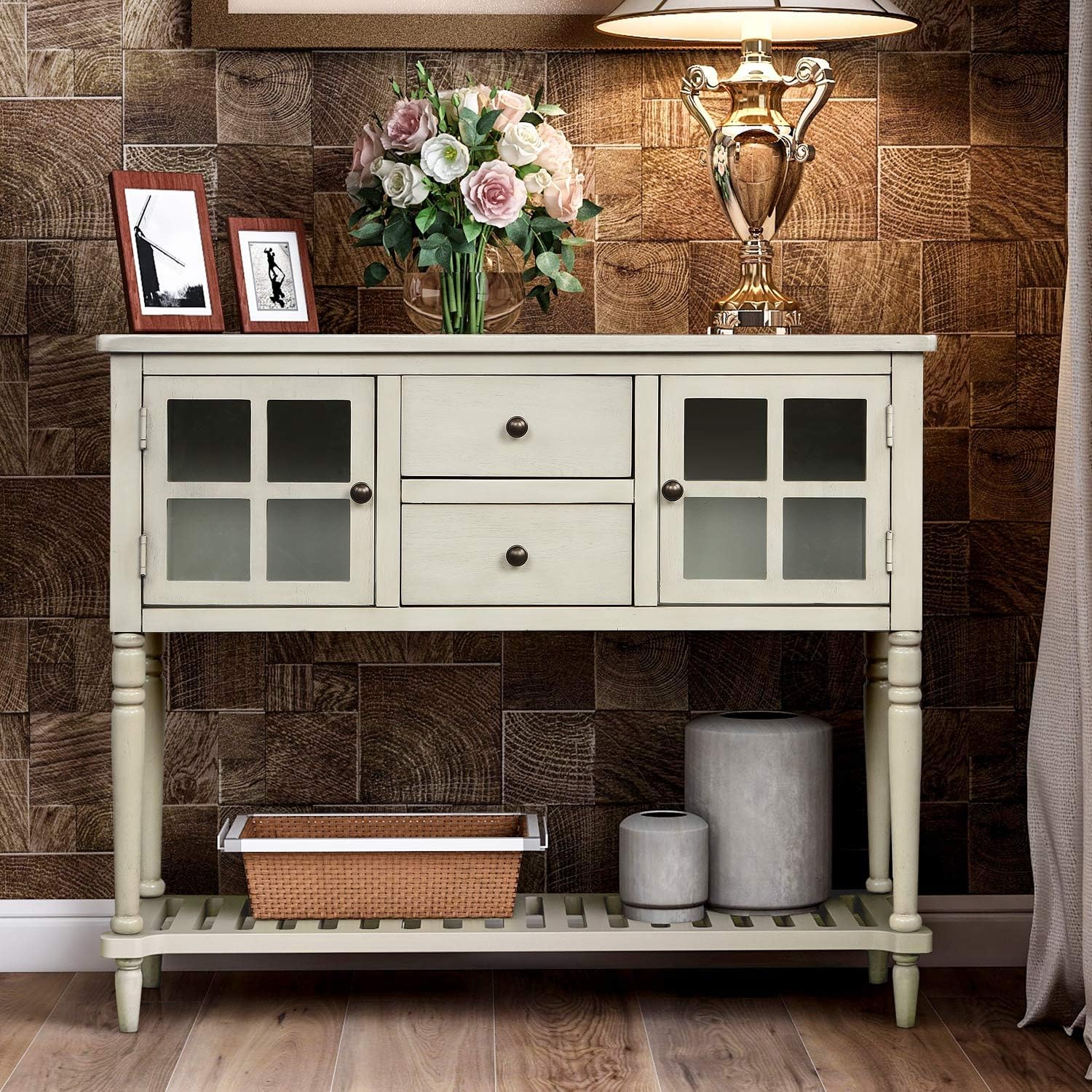Knocbel 42 Inch Antique Console Table with Glass Doors, Drawers and Bottom Slatted Shelf