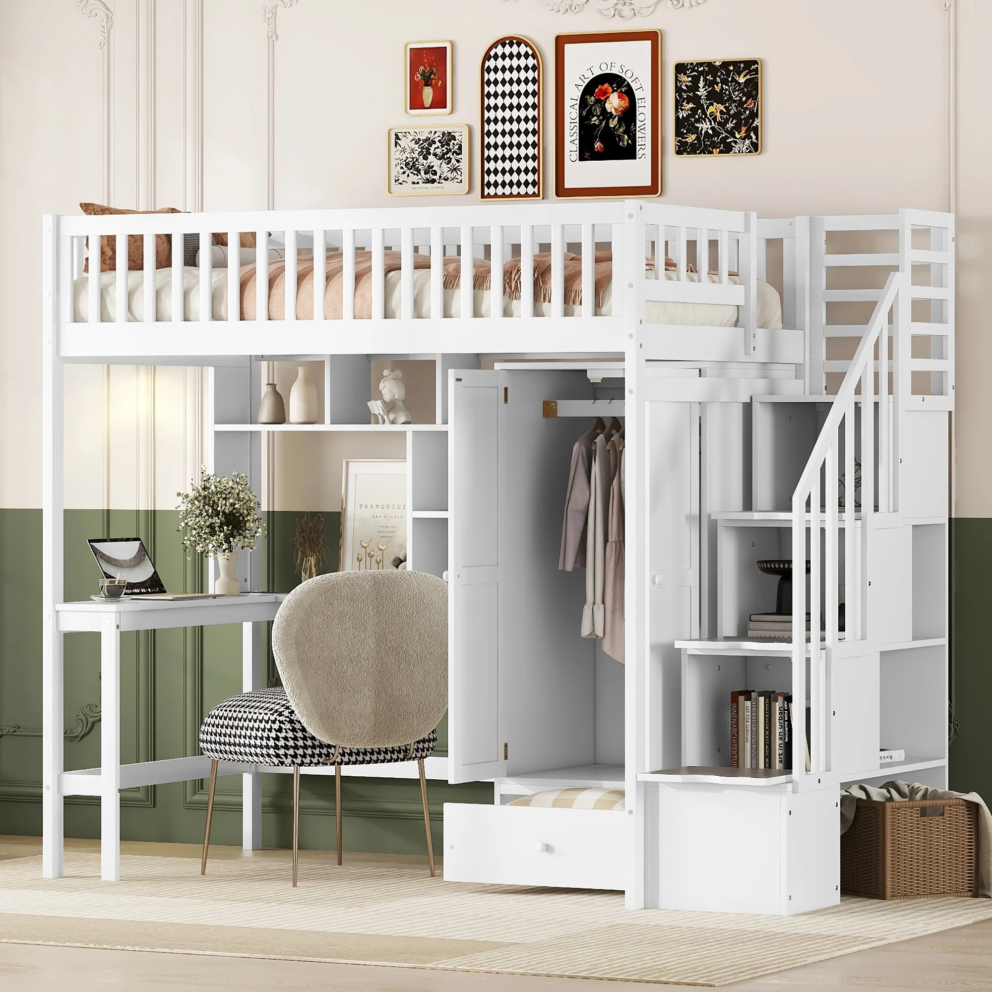 Bellemave Twin Size Loft Bed with Stairs and Wardrobe, Wood Loft Beds Frame with Desk and Storage Drawers, Stairway Loft Bed for Kids