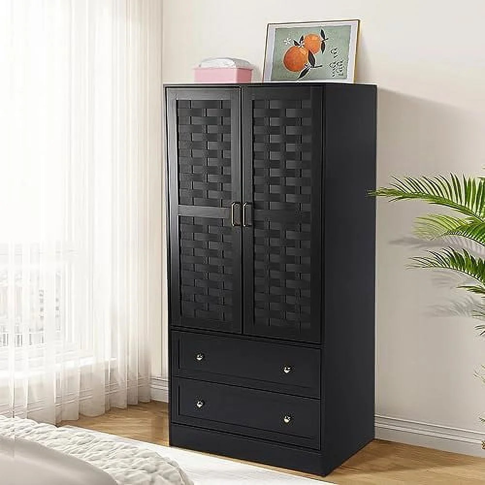 KHBIULIFE Armoire Wardrobe Closet with 2 Woven Doors  Wardrobe Cabinet with 2  Drawers and Hanging Rail  Freestanding Wooden Closet for Bedroom