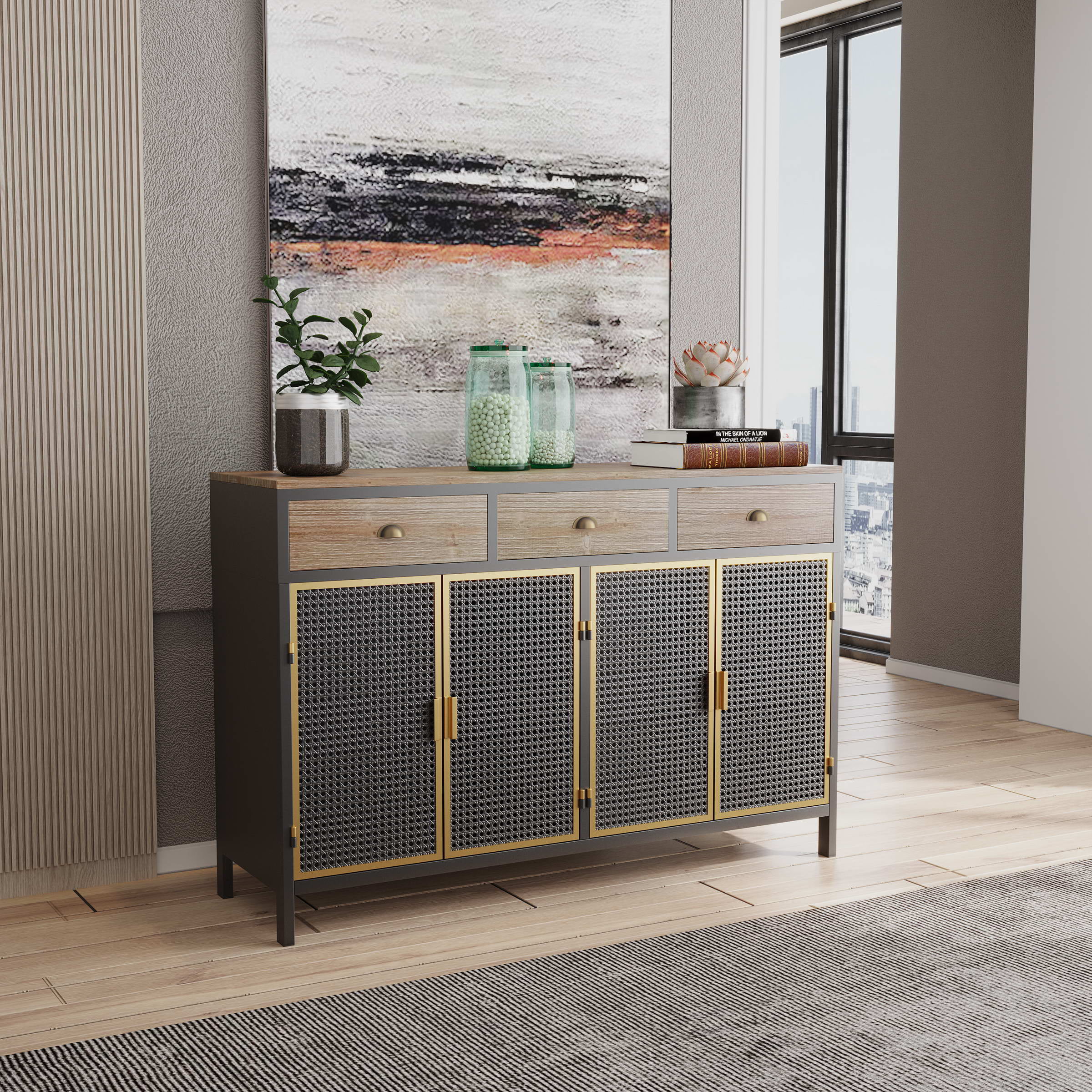 47.64" Wide 2 Doors Modern Sideboard with 3 Top Drawers, Freestanding Sideboard Storage Cabinet Entryway Floor Cabinet for Living Room Office Bedroom