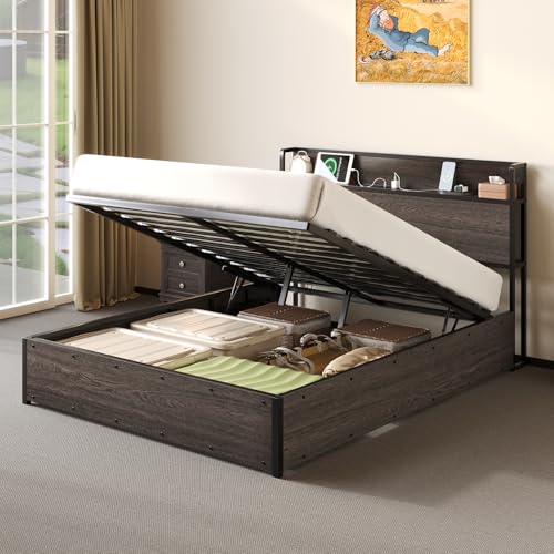 Albott Full Size Bed Frame with Lift Up Storage, Wooden Platform Bed Frame with Storage Headboard ＆ Charging Station, No Spring Box Needed/Noise Free
