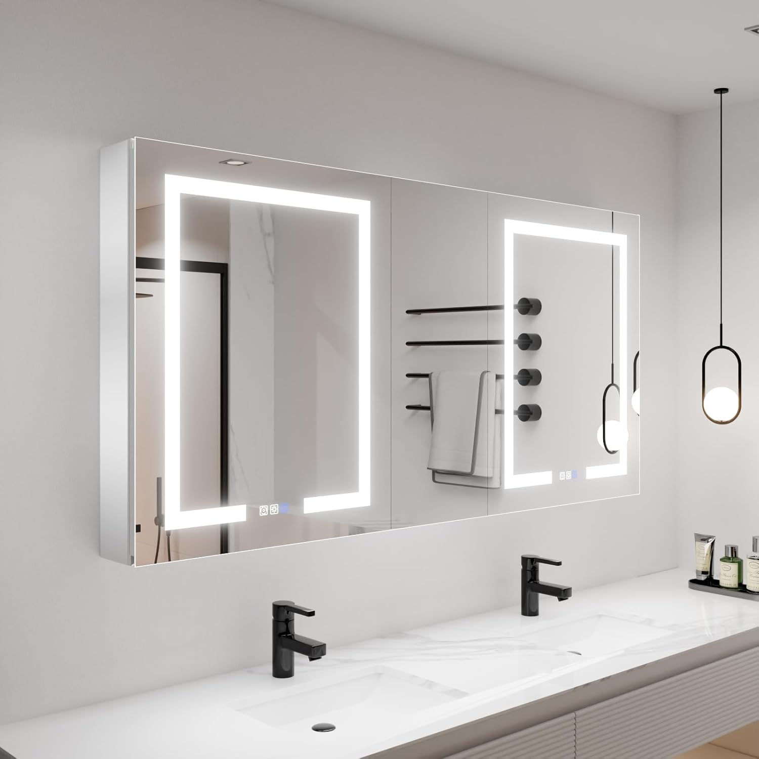 ExBrite LED Lighted Bathroom Medicine Cabinet with Mirror, 60 x 30 Inch, led Medicine Cabinet with Extra Closed Storage Cabinet,Defog